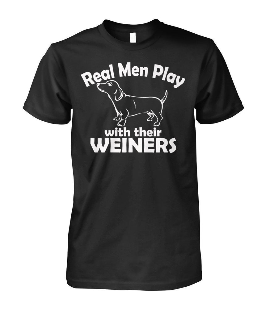 Real Men Play with their Weiners, hund Unisex Cotton Tee-Short Sleeves-ViralStyle-Black-S-Pixefy