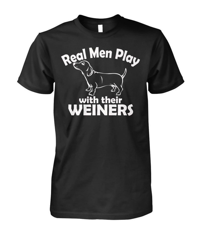 Real Men Play with their Weiners, hund Unisex Cotton Tee-Short Sleeves-ViralStyle-Black-S-Pixefy